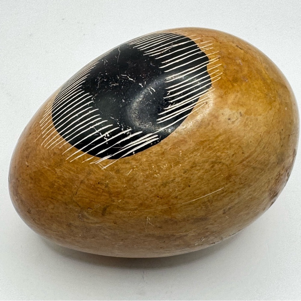 Besmo Stone Egg from Kenya Hand Carved Tan w-Black Dot 3” Calming